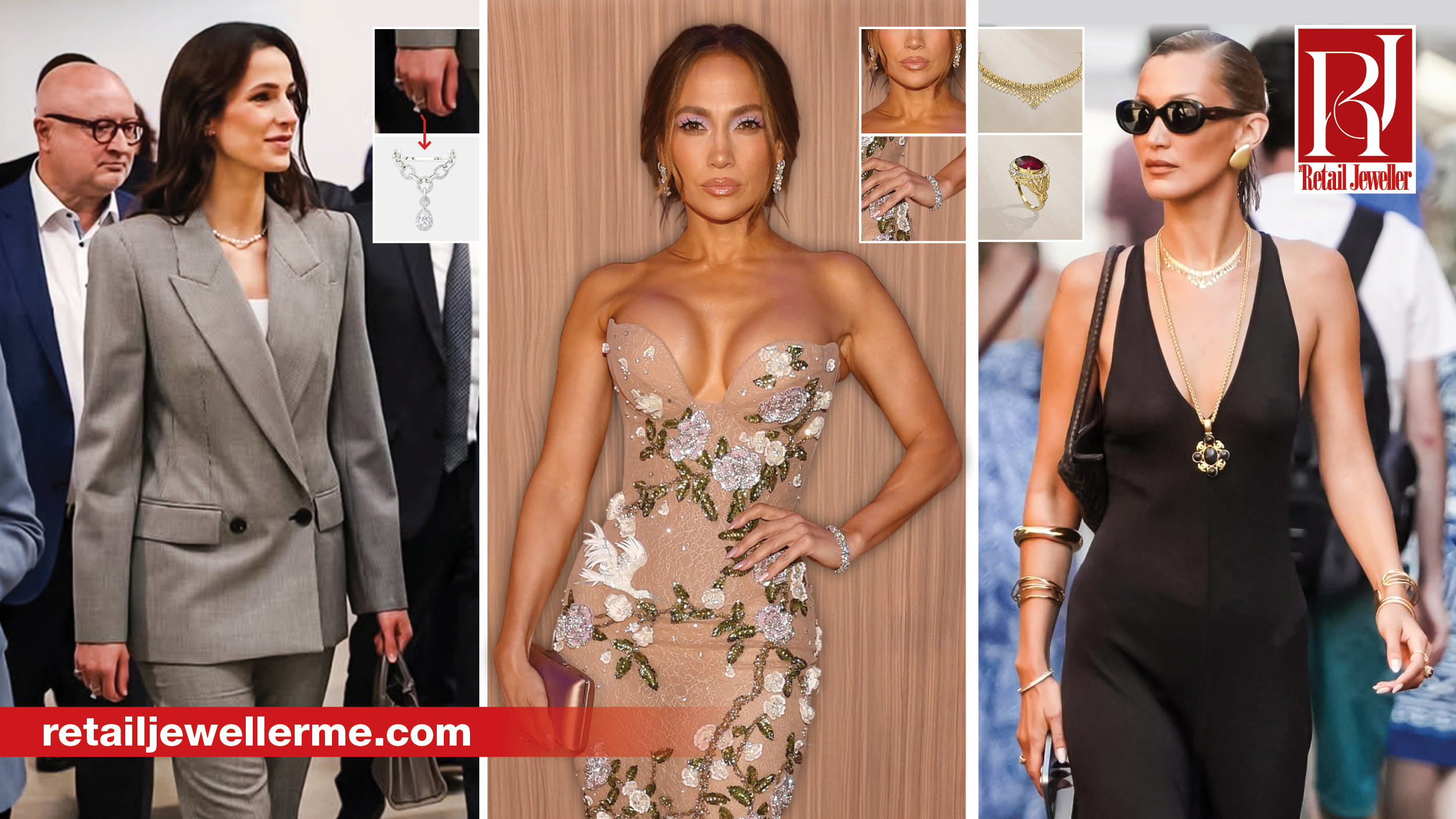 Princess Rajwa Al Hussein, Bella Hadid and Jennifer Lopez wearing luxury jewellery at high-profile events.
