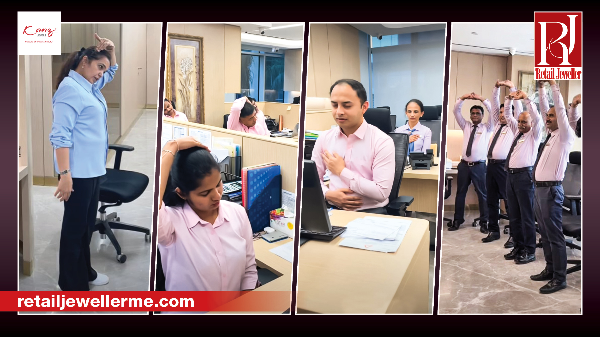 Kanz Jewels employees participate in a chair yoga session for International Yoga Day.